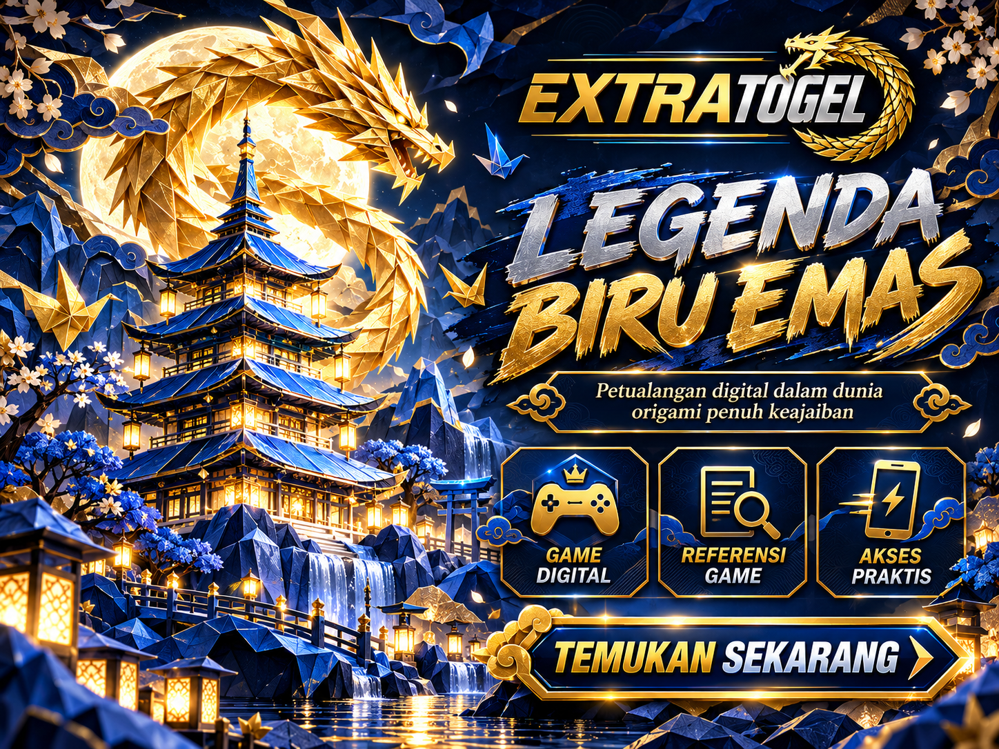 Banner EXTRATOGEL berupa pagoda origami biru dan naga emas dari potongan kertas berlapis